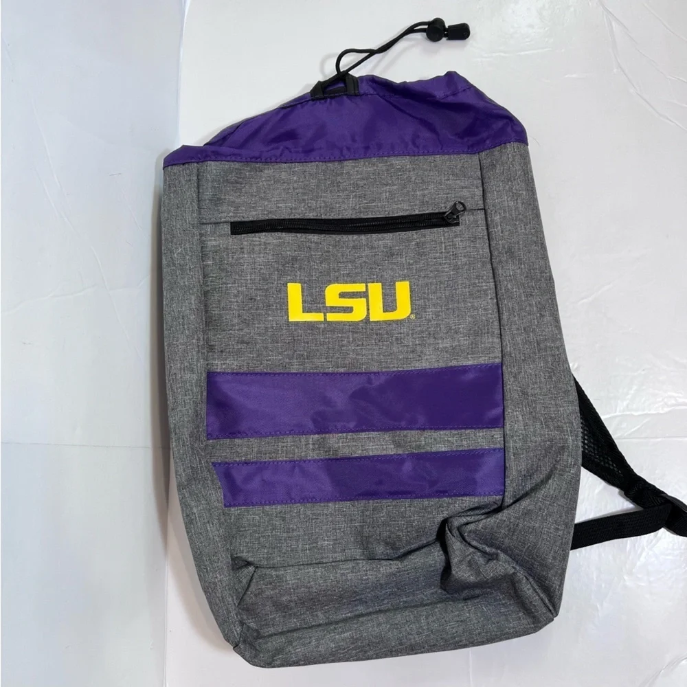 Gray and Purple LSU Drawstring Backpack